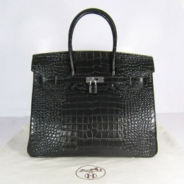 Hermes Birkin 35Cm Crocodile Stripe Handbags Black Silver